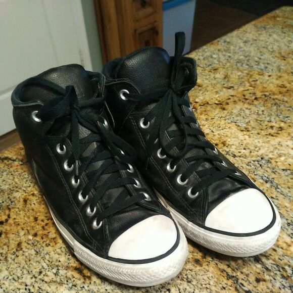 Rare Black Chuck Taylor All Star Converse Leather Mid Top Sneakers Mens 10 D - Picture 6 of 12